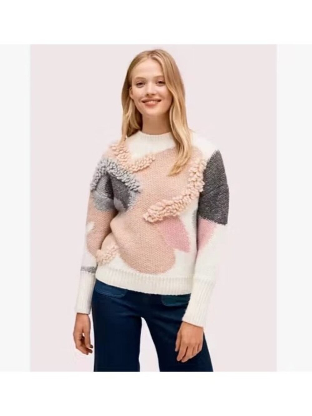 RARE Kate Spade metallic flower bloom petal alpaca sweater jumper pink gray bust